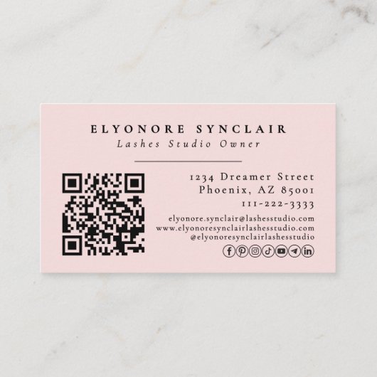 Blush Pink Script Logo QR Code Photo Lashes Visitekaartje (Achterkant)