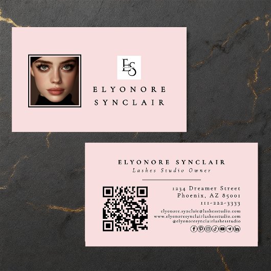 Blush Pink Script Logo QR Code Photo Lashes Visitekaartje