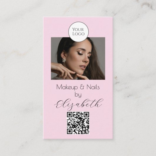 Blush Pink Script Logo QR Code Photo Makeup Visitekaartje (Voorkant)