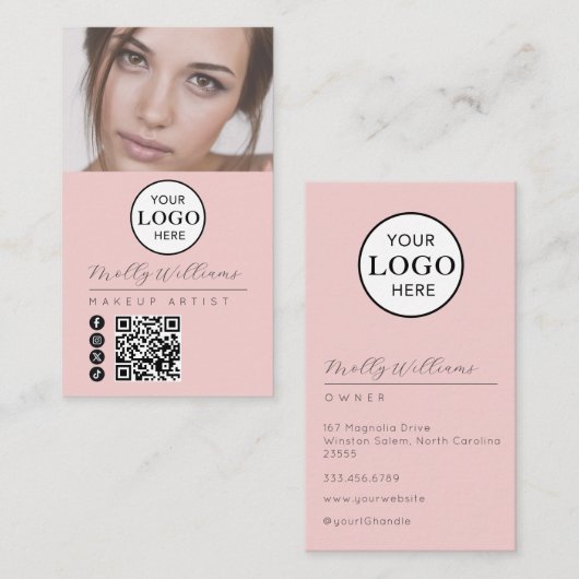 Blush Pink Script Logo QR Code Photo Makeup Visitekaartje (Voorkant / Achterkant)