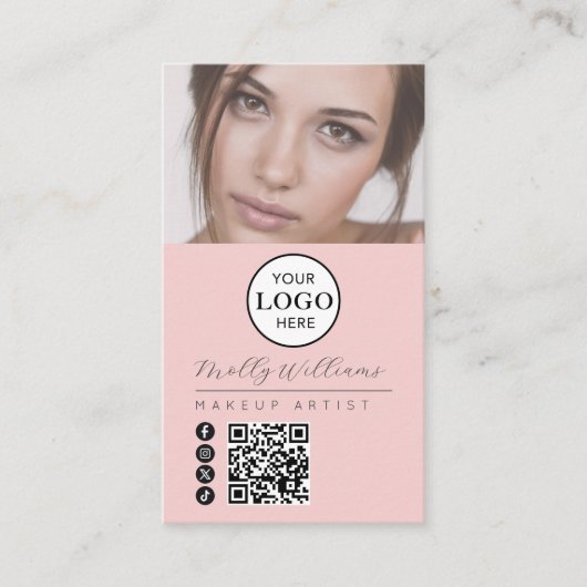Blush Pink Script Logo QR Code Photo Makeup Visitekaartje (Voorkant)