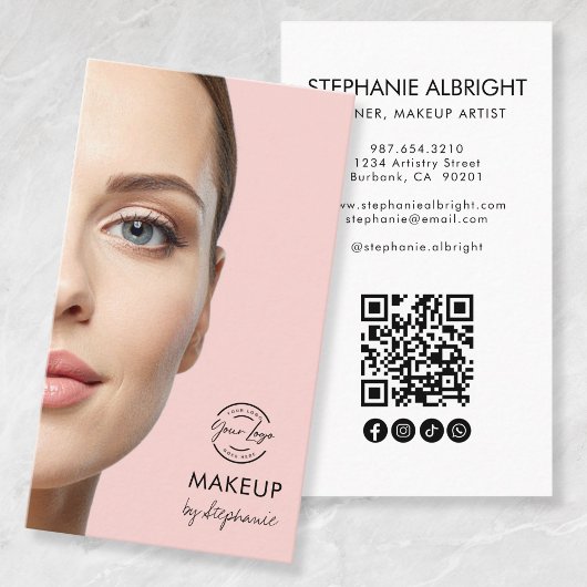 Blush Pink Script Logo QR Code Photo Makeup Visitekaartje