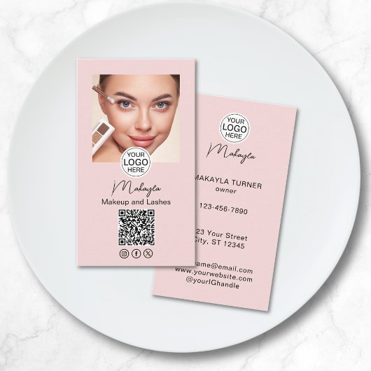 Blush Pink Script Logo QR Code Photo Makeup Visitekaartje
