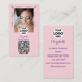 Blush Pink Script Logo QR Code Photo Makeup Visitekaartje