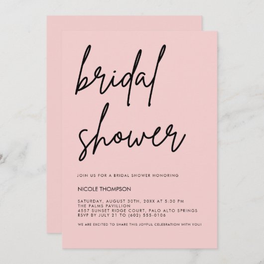 Blush Pink Script Modern Bridal Shower Invitation  (Devant / Derrière)