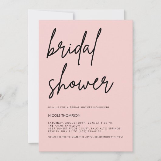 Blush Pink Script Modern Bridal Shower Invitation Kaart (Voorkant)