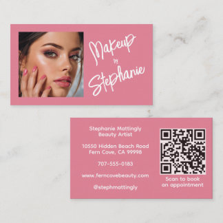 Blush Pink Script QR Code Photo Makeup Visitekaartje