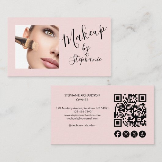 Blush Pink Script Social Icon QR Code Photo Makeup Visitekaartje (Voorkant / Achterkant)