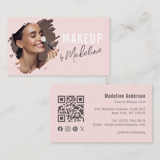 Blush Pink Script Social Icon QR Code Photo Makeup Visitekaartje (Voorkant / Achterkant)