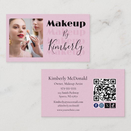 Blush Pink Script Social Icon QR Code Photo Visitekaartje (Voorkant / Achterkant)