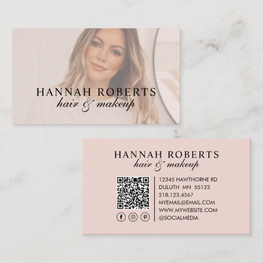 Blush Pink Script Social QR Code Photo Hair Makeup Visitekaartje (Voorkant / Achterkant)