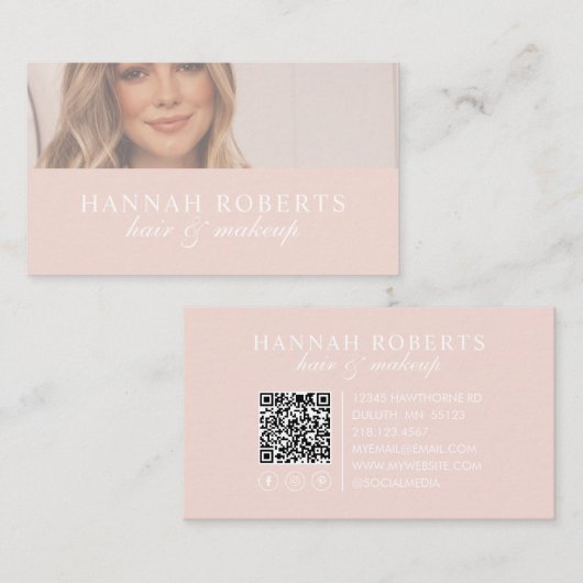 Blush Pink Script Social QR Code Photo Hair Makeup Visitekaartje (Voorkant / Achterkant)
