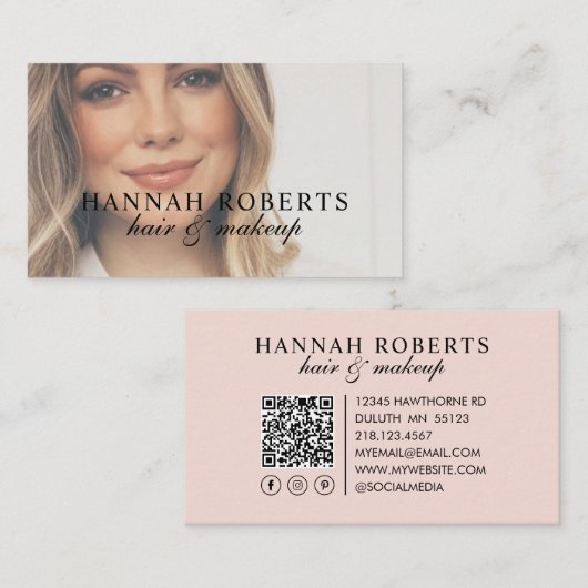 Blush Pink Script Social QR Code Photo Hair Makeup Visitekaartje (Voorkant / Achterkant)