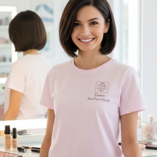 Blush Pink Script Staff Name Business Logo Makeup T-shirt