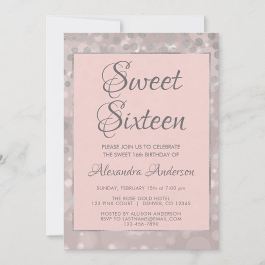 Blush Pink & Silver Confetti Sweet 16 Verjaardag Kaart (Voorkant)