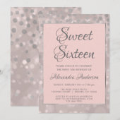 Blush Pink & Silver Confetti Sweet 16 Verjaardag Kaart (Voorkant / Achterkant)