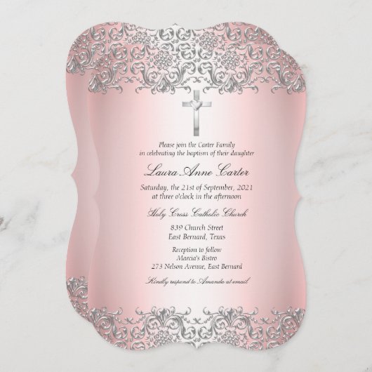 Blush Pink Silver Damask Cross Baptisme Christenin Kaart (Voorkant / Achterkant)