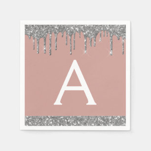 Blush Pink Silver Glitter Monogram Birthday Servet