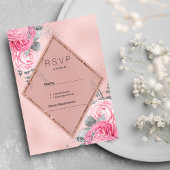 Blush pink silver glitter peony floral RSVP  Kaart