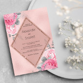 Blush pink silver glitter peony floral Wedding  Kaart