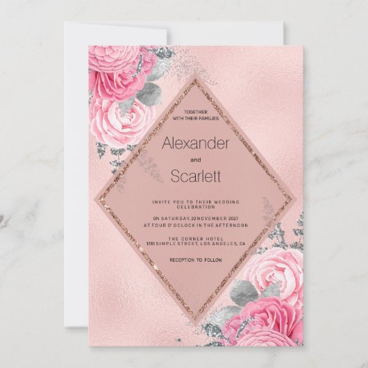 Blush pink silver glitter peony floral Wedding  Kaart (Voorkant)