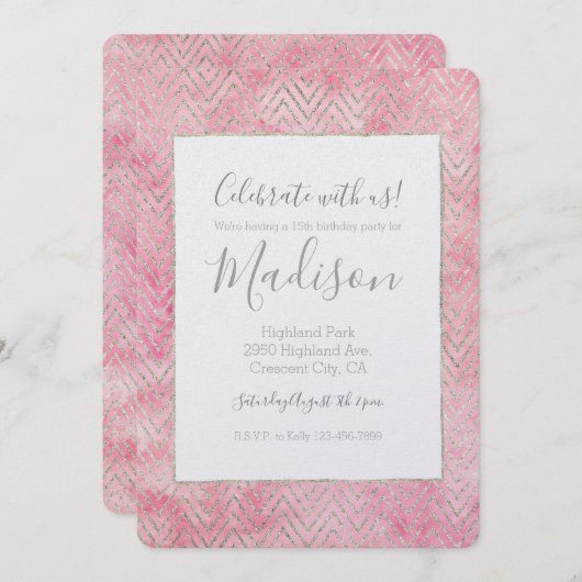 Blush Pink Silver Glitz Chevron Verjaardag Kaart (Voorkant / Achterkant)