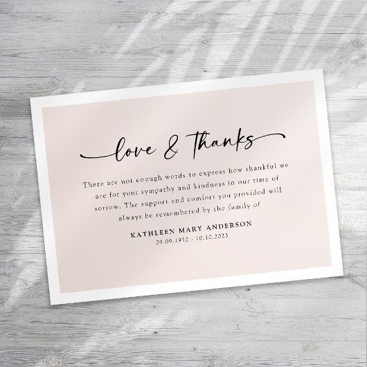 Blush Pink Simple Script begrafenis Bedankkaart