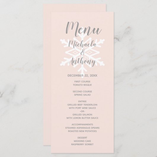 Blush Pink Snowflake Winter Weddenschap Menu (Voorkant / Achterkant)