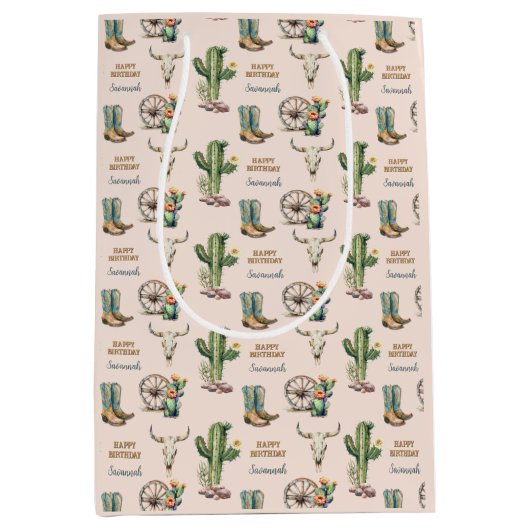 Blush Pink Southwest Desert Cactus Happy Birthday Medium Cadeauzakje (Voorkant)