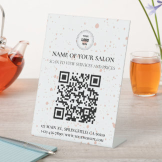 Blush Pink Splatter QR Code Salon Services Sign Reclamebord Met Voetstuk