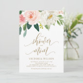  Blush Pink Spring Florals Gold Baby shower Kaart (Staand voorkant)
