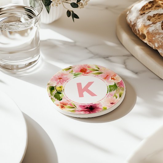 Blush Pink Spring Waterverf Flowers Monogram Zandsteen Onderzetter