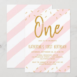 Blush Pink Sprinkle Stripes Gold Glitter Birthday Kaart
