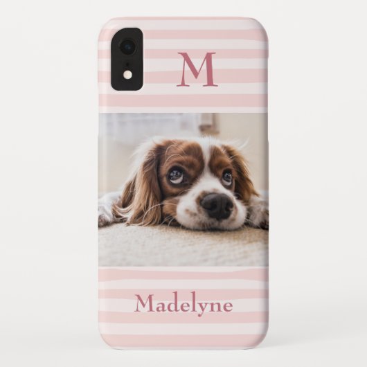 Blush Pink Stripes Monogram Foto gepersonaliseerd Case-Mate iPhone Case (Achterkant)