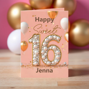 Blush Pink Sweet 16 Gouden Parel Aantal en Ballonn Kaart