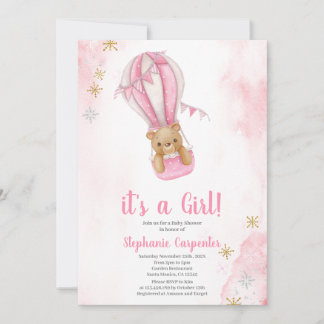 Blush pink teddy bear Baby Shower Girl Invitation