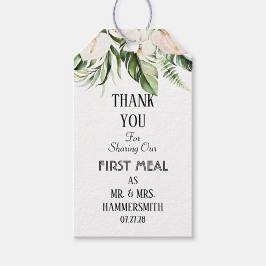 Blush Pink Tropical First Meal net als Mr. & Mrs. Cadeaulabel (Voorkant)