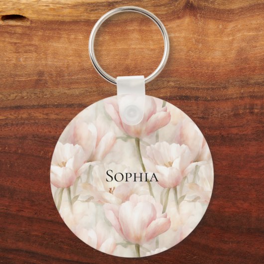 Blush Pink Tulpen Bloemen Sleutelhanger (Voorkant)