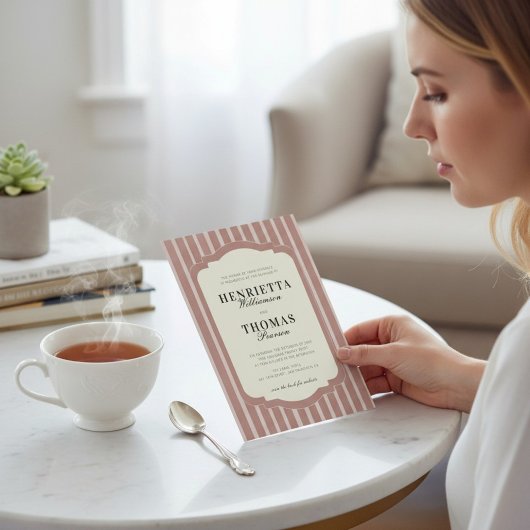 Blush Pink Vertical Stripe QR Wedding Invite Kaart