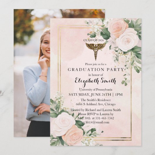 Blush Pink Watercolor Nursing Graduation Invitatio Kaart (Voorkant / Achterkant)