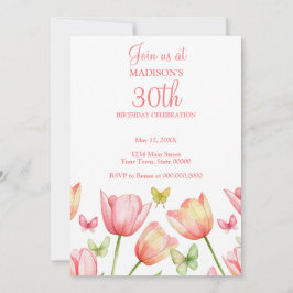 Blush Pink Watercolor Tulips 30th Birthday Party  Kaart