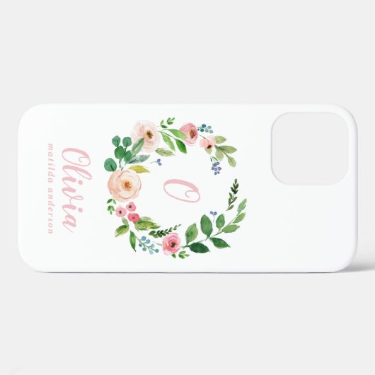 Blush pink waterverf bloemenkrans monogram Case-Mate iPhone case (Achterkant (horizontaal))