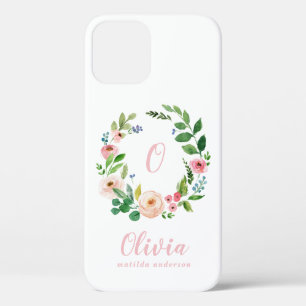 Blush pink waterverf bloemenkrans monogram iPhone 12 hoesje