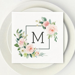 Blush Pink Waterverf Bloom Monogram Servet