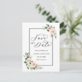 Blush Pink Waterverf Bloom Weddenschap Opslaan Dat Aankondigingskaart (Staand voorkant)