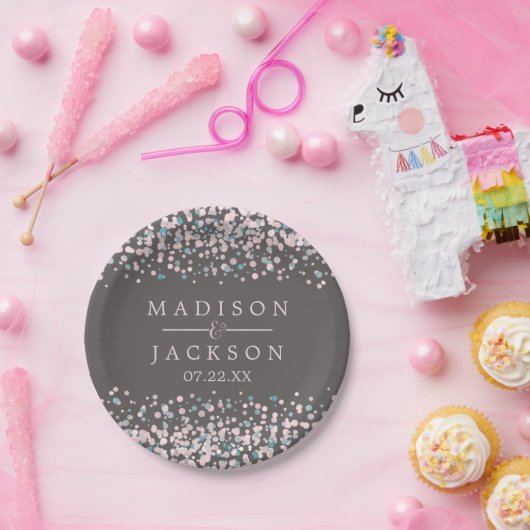 Blush Pink Waterverf Confetti Weddenschap Monogram Papieren Bordje (Feest)