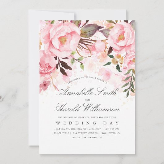 Blush Pink Waterverf | Floral Elegant Bruiloft Kaart (Voorkant)