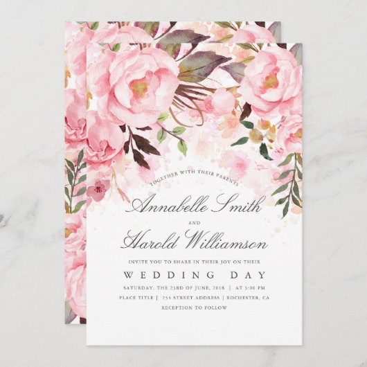 Blush Pink Waterverf | Floral Elegant Bruiloft Kaart (Voorkant / Achterkant)
