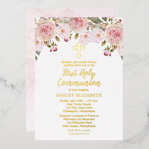 Blush Pink Waterverf Floral First Heilige Communie Folie Uitnodiging