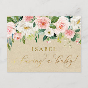 Blush Pink Waterverf Floral & Kraft Baby shower Briefkaart